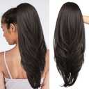 SEIKEA Versatile Drawstring Ponytail Extension, 26" Long Wavy Multi Layered Clip in Ponytail Hair Extensions Stand Up High Fake Pony Tail Soft Natural Synthetic Hairpiece for Women Black Brown