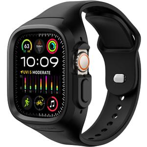 SURITCH Sport Band for Apple Watch Ultra 3/2/1 49mm & iWatch Series 9/8/7/6/5/4/SE3/SE2/SE 45mm 44mm 41mm 40mm, Soft Silicone Shockproof Rugged Protective Strap with Case for Women Men (Black)