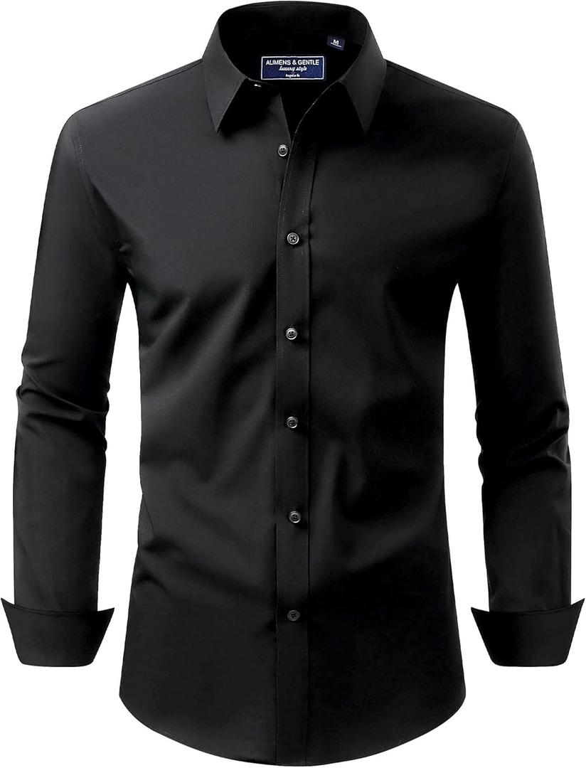 Alimens & Gentle Men's Dress Shirt Regular Fit Stretch Stain Shield Long Sleeve Solid Business Wedding Button Down Shirts (5X-Large, Black)