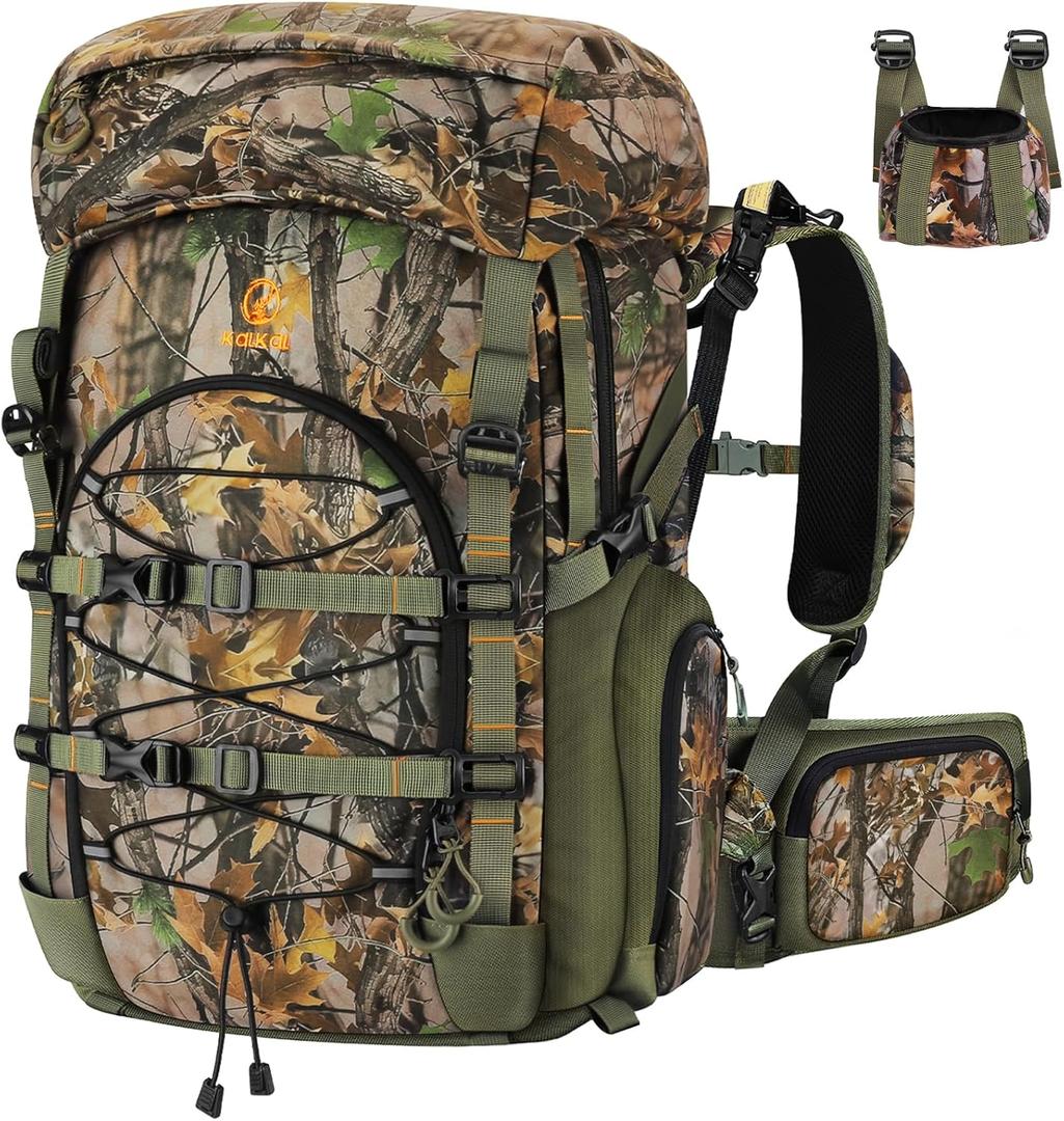 Kalkal Hunting Backpack with Magnetic Quick-Release Rifle System, 42L Waterproof Silent Camo Bow Hunting Pack with Rain Cover