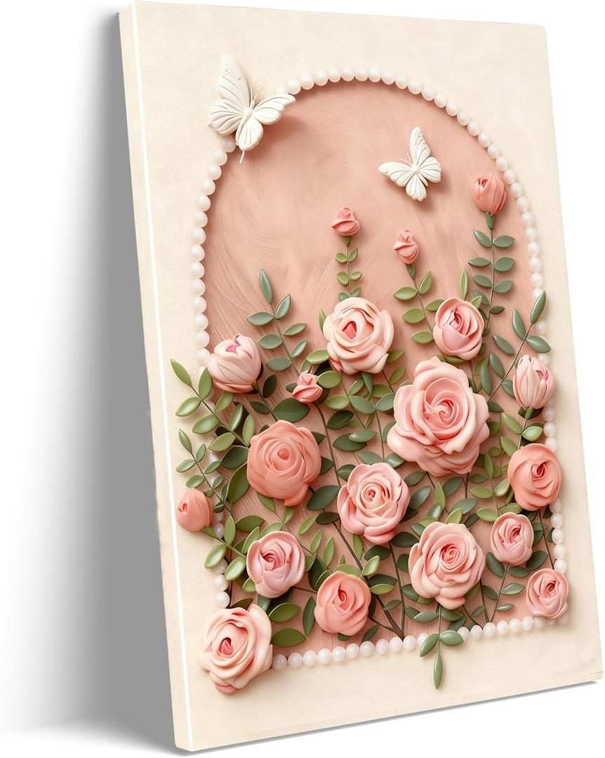 Elegant Pink Rose Floral Canvas Wall Art Prints Romantic Flower Poster, 24"L x 16"W