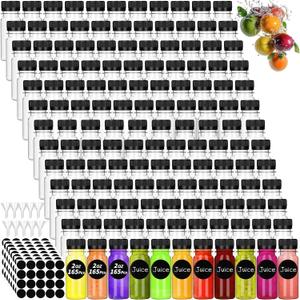 165 Pcs 2 oz Small Plastic Juice Bottles with Black Caps Mini Clear Ginger Shot Containers with Tamper Proof Lids Reusable Travel Bottles with Funnels Labels for Juice Milk Water Other Beverages