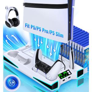 LIFUFUTEE PS5 Stand, PS5/Slim/Pro Cooling Station with 2.36in Cooling Fan, Controller Charger Station for PS5 Accessories, Light, Headset Holder, 3 Charger Ports for PlayStation 5 Slim/Pro Console (White)