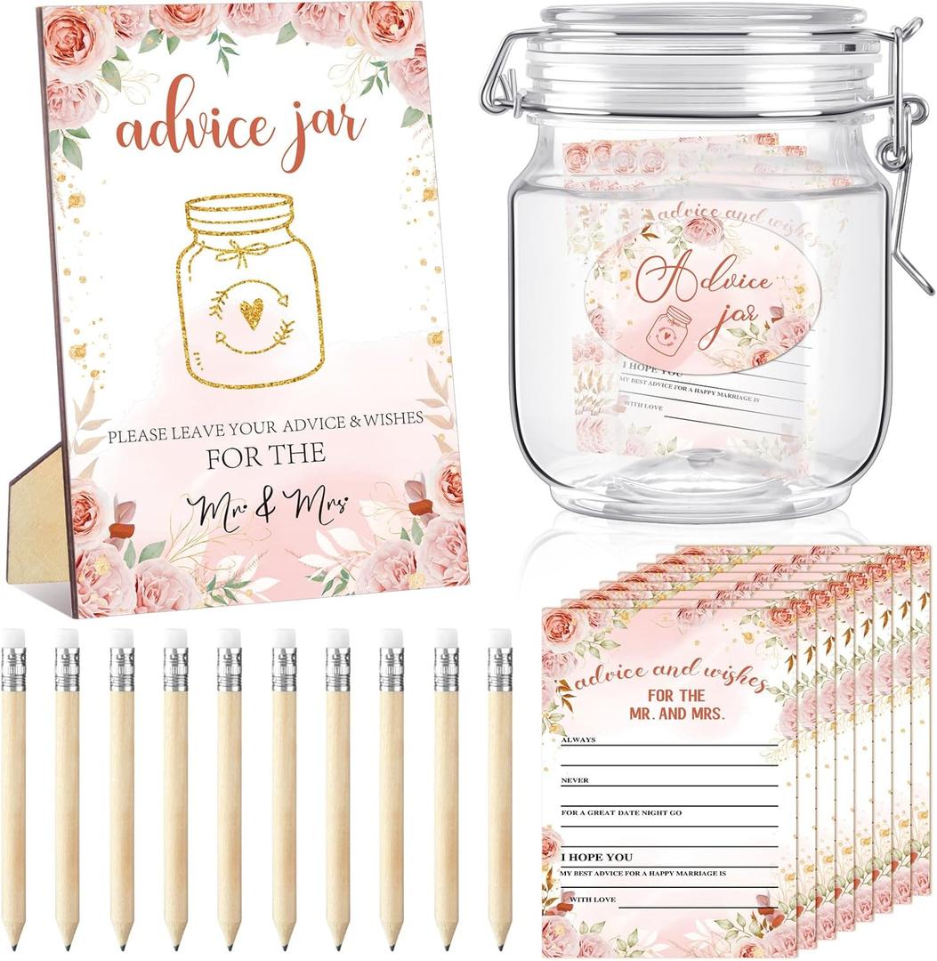 Jetec 74 Pcs Advice and Wishes for The Mr and Mrs 60 Pcs Wedding Advice Cards Advice and Wishes Jar Box Bridal Shower Advice and Wishes Cards for Bride and Groom Bridal Shower Decor(Pink Floral)