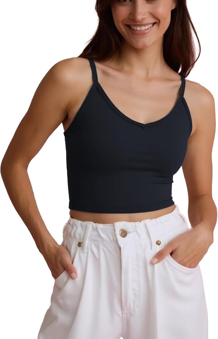 Women Racerback Tank Tops V-Neck Spaghetti Strap Top Going Out Double Lined Basic Slim Fit Yoga Gym (Black, S)