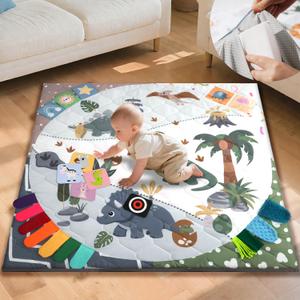 TINYHARBO Premium Foam Baby Play Mat 50x50, 4 Developmental Zones Play Mat with Removable & Machine Washable Cover, Extra Thick Padding Playpen Mat, Easy to Clean for Infants, Toddlers & Babies (Dino Land)