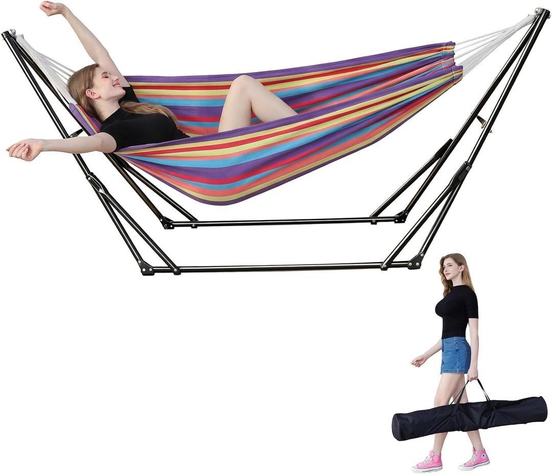 Portable Hammock with Stand for Outside Foldable,Frabic Tension Adjustable Indoor,Carrying Bag Included, 616 lbs Weight Capacity, Suitable Garden Yard Outdoor Inhouse Multicolour