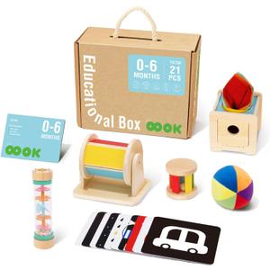 TOOKYLAND Montessori Toys for Babies 0-6 Months, 6 in 1 Learning Educational Set Newborn Toys Including Sensory Ball, Rain Stick, Baby Roller, Spinning Drum, Black and White Cards, Tissue Box.