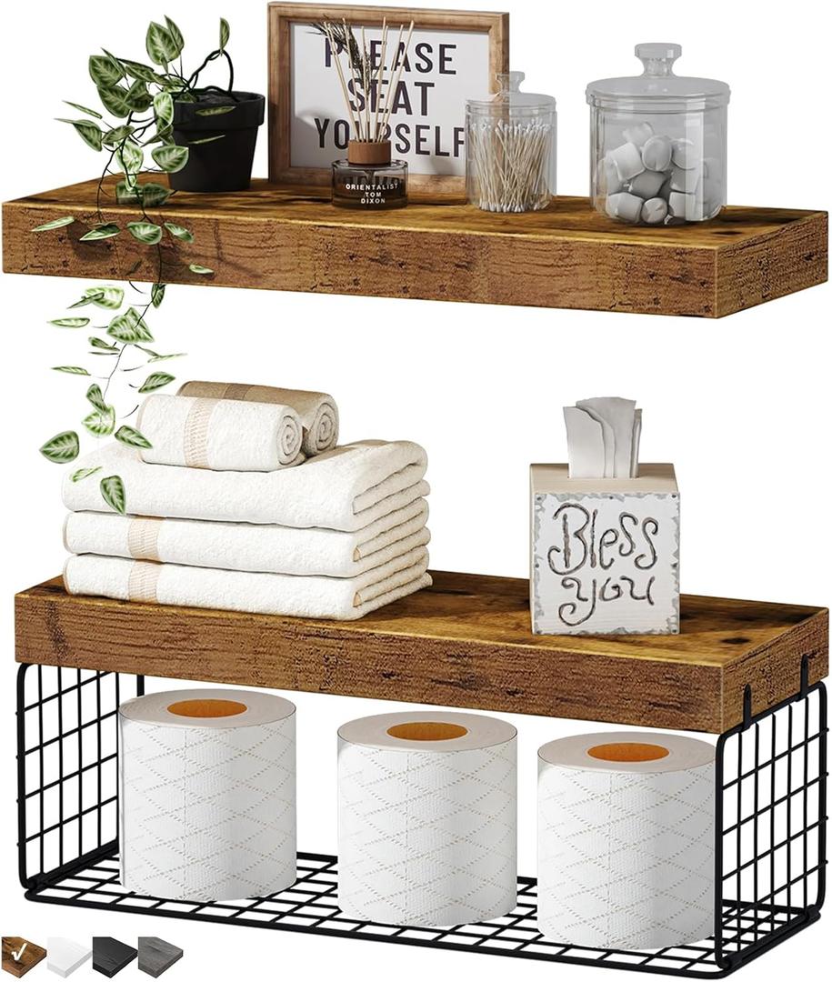 QEEIG Bathroom Shelves Over Toilet - Wall Mounted Floating Shelves Toilet Paper Storage Small Farmhouse Decor Shelf 16 inch Set of 2, Rustic Brown (019-BN2)