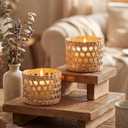 2 Pack Wicker Rattan Woven Tea Light Candle Holder Kit Rustic Handcraft Rattan Woven Candle Holder with Glass Cup Vintage Tealight Farmhouse Votive Candlestick Decor for Dining Wedding