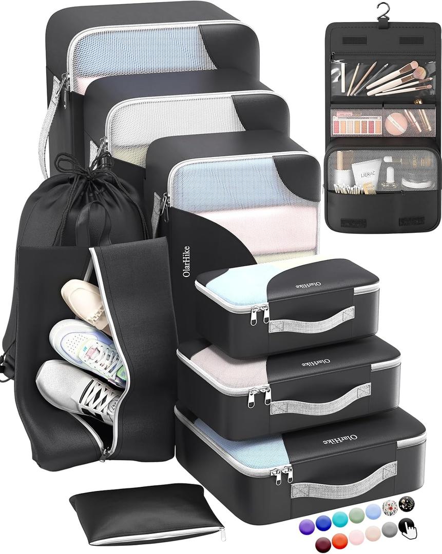 ALL INCLUDED 10 Set Durable Packing Cubes for Suitcases,OlarHike Essentials for Travel,UPGRADED Anti-Tear Stitching, NEW Improved Luggage Packing Organizers for Travel Accessories (Black) (10 set (Long-Term Travel), 10 set - Black)