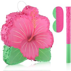 Sumind Hibiscus Flower Piata Set with Blindfold Bat Confetti Pink Flower Piata Hibiscus Hippie Boho Game for Birthday Baby Shower Gender Reveal Wedding Luau Party Supplies