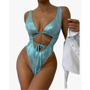 No Brand Women's Metallic Snakeskin One Piece Swimsuits Rave Outfit Bathing Suits, Size: XL