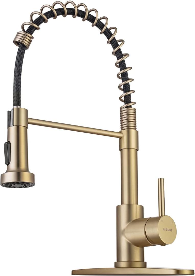 WEWE Brushed Gold Kitchen Faucet with Pull Down Sprayer, RV Brass Kitchen Faucet Stainless Steel Single Handle Spring Faucet with Deck Plate for Farmhouse Utility bar Laundry Sinks