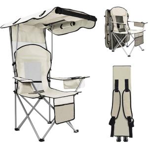BDL Camping Chair with Canopy Shade Portable Folding Beach Chairs with Cooler, Mesh Backrest, Cup Holder, and Pocket for Camping, Fishing, Beach, and Sports,White