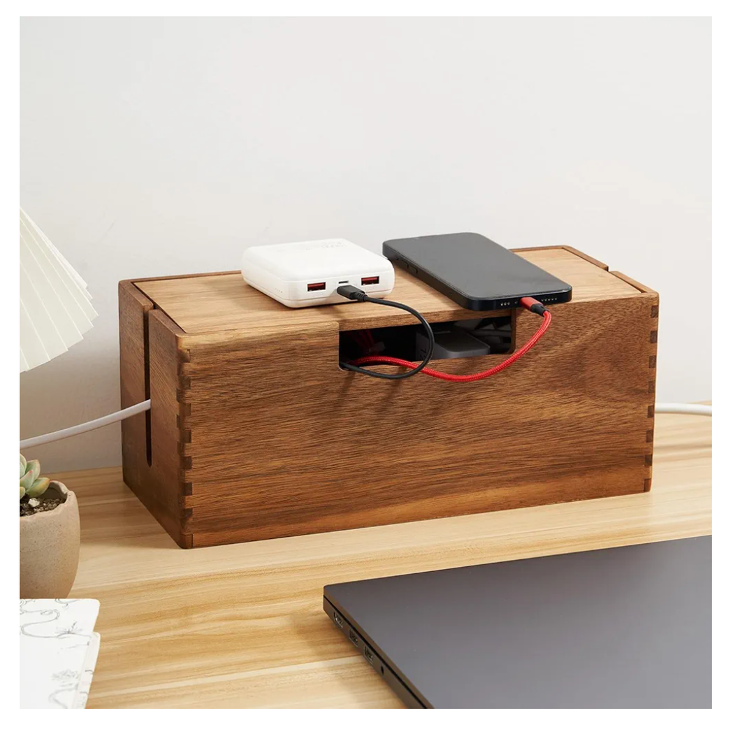 Acacia Wood Cable Management Box, Wooden Cord Hider & Organizer for Power Strip, Electrical Hiding, TV Wires, Desk & Floor Cables  Office Under Desk Cable Storage Box for Wire Storage Organization