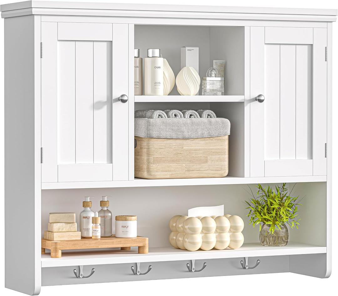 Keehusux 31.5" W Large Bathroom Wall Storage Cabinet with 2 Doors and 4 Hooks, Modern Medicine Cabinet with 3 Open Shelves, Wooden Wall Mounted Bathroom Cabinet for Kitchen, Living Room, White, 31.5"W x 7.9"D x 25.6"H