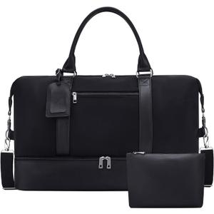 Oeihuivt Weekender Bags for Women - 21 Inch Large Travel Duffel Bag 2-Piece Set with Shoe Compartment, Heavy-Duty Canvas Leather Carry On Overnight Tote (Black + 1 Extra Pack)