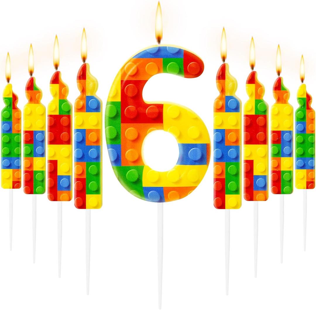 MTLEE 9 Pcs Building Block Candles Number 1-9 Building Block Candle Numeral Birthday Cake Topper Cupcake for Birthday Decoration Party Supplies(Number 6)