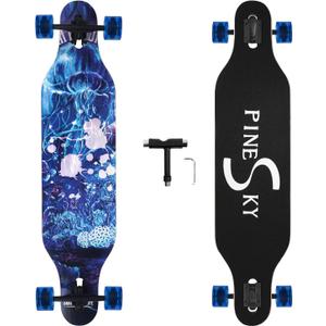 PINESKY 41 Inch Longboard Skateboard 8 Ply Natural Maple Complete Skateboard Cruiser for Cruising, Carving, Free-Style and Downhill with T-Tool (Jellyfish)