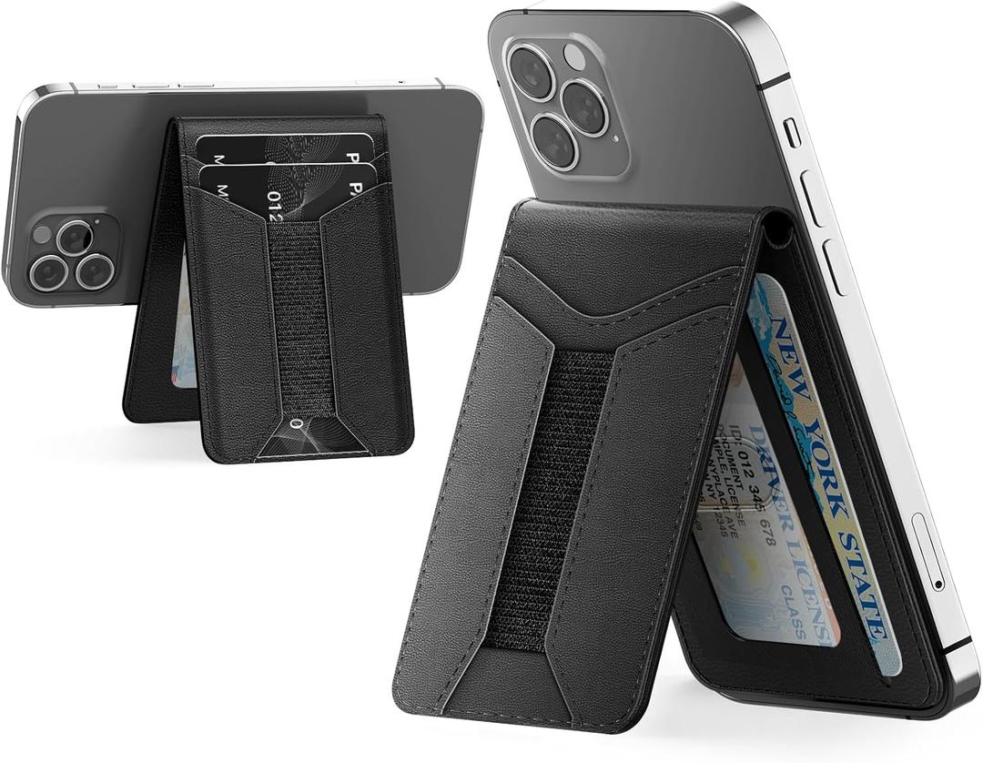 Padike for Magsafe Wallet, Magnetic Phone Wallet with Elastic Band for Extra Card Storage, Magnetic Card Holder with Adjustable Kickstand (Black)