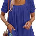 Dokotoo Women's Hollow Pleated Short Sleeves Square Neck Casual Loose Solid Color Knit T Shirts Tops Blouses (X-Large, Bluing)