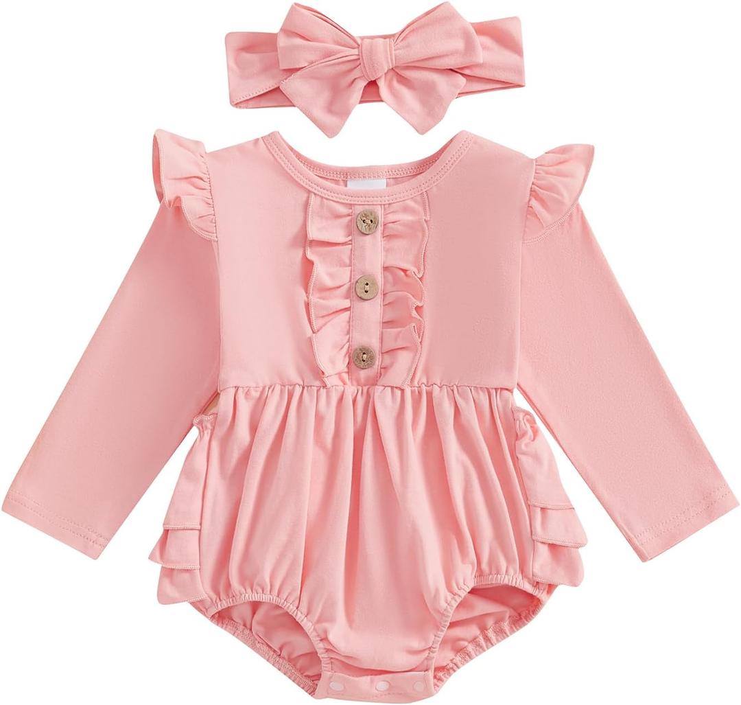 Newborn Baby Girl Outfit Ruffle Bubble Romper Long Sleeve Infant Bodysuit Jumpsuit with Headband Clothes (Pink)