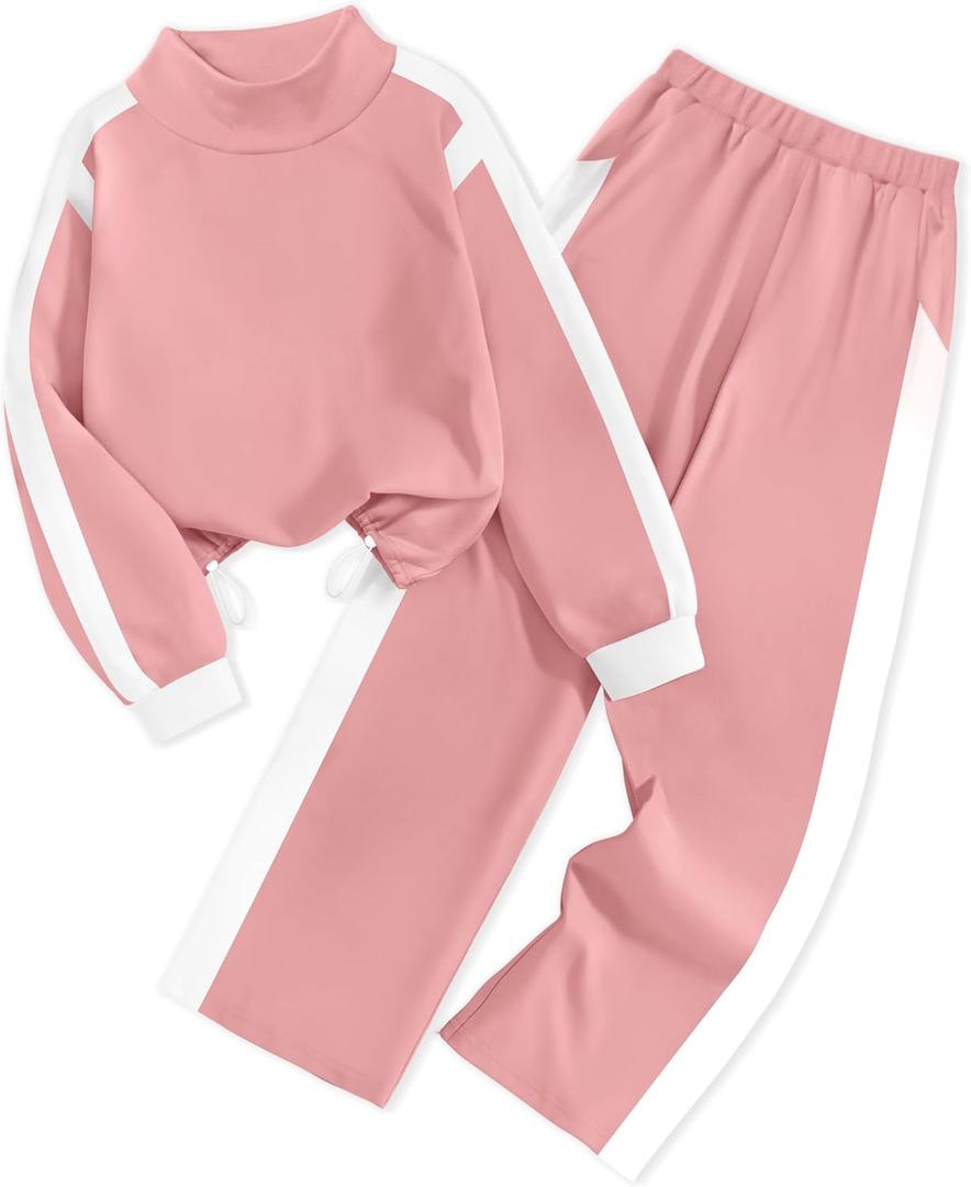 AGAPENG Girls Clothes 2 Piece Outfits Turtleneck Sweatsuit Fleece Colorblock Sweatshirt Wide Leg Sweatpants Fall Winter Sets (9-10 Years, Pink)