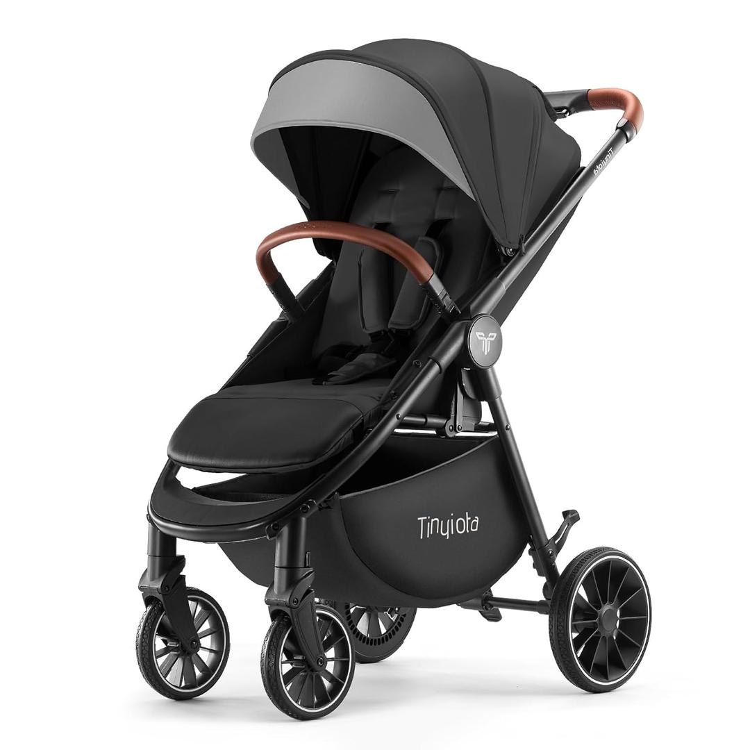 Tinyiota Stroller for Babies,Toddler Strollers with Large UPF 50+ Canopy,Luxury Baby Stroller with Leather Handle & Spacious Seat, One-Hand Foldable Pushchair,Baby Carriage with Lie-Flat Mode(Black)