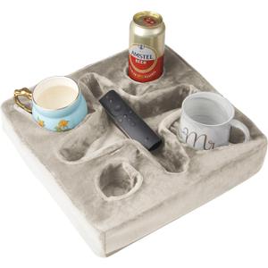 Couch and Bed Cup Holder Pillow, Sofa Refreshment Tray for Drinks/Remote Control/Snacks Holder (Beige)