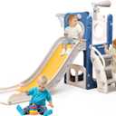 6 in 1 Toddler Playset with Slide,Toddler Slide,Slide for Kids with Basketball Hoop,Ball,Ring Toss,Kids Slide Toddler Playground Toddler Slide Indoor Outdoor Toys (Blue Yellow)
