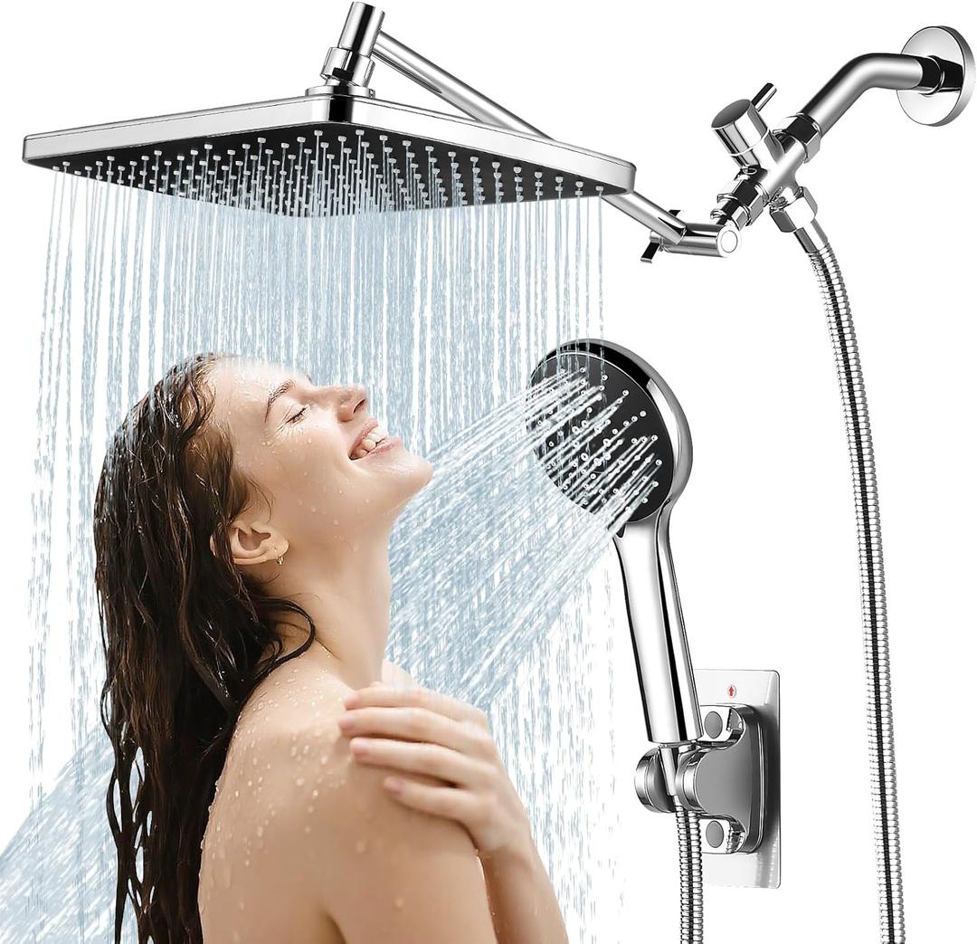 Shower Head with Handheld Combo,11.8 Inch Large Rectangular Rain Shower Head with 5 Modes Handheld Spray Combo, Adjustable Double Shower Heads with Holder and 11'' Extension Arm, Chrome