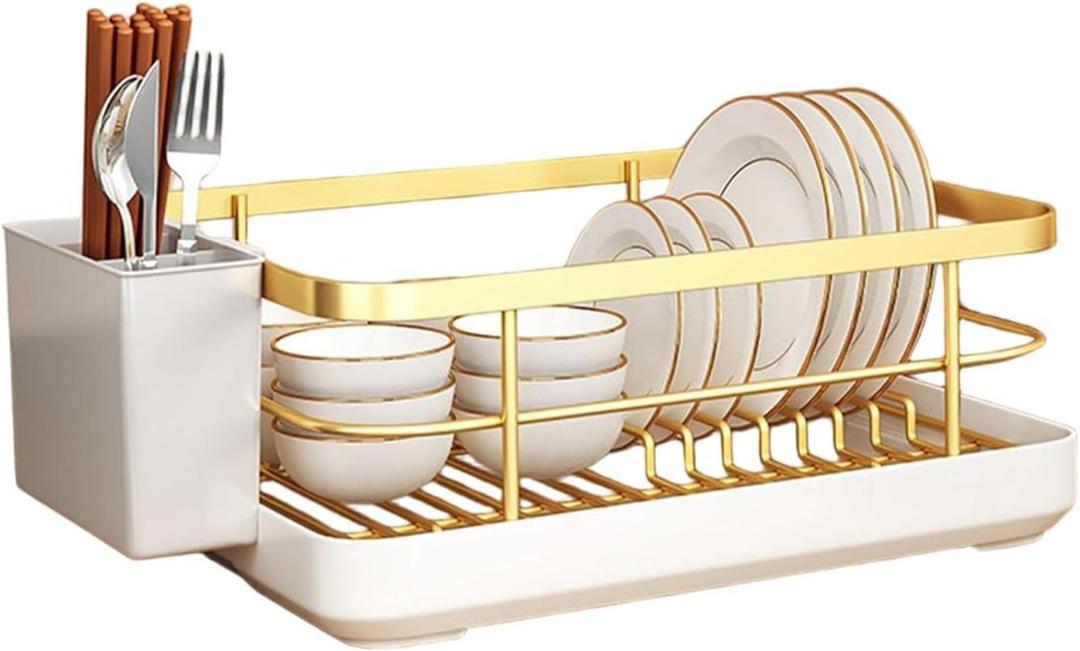 Gold Dish Racking Rack for Kitchen Counter, Carbon Steel Space-Saving Design with Removable Drip Tray & Cutlery Holder, Efficient Drainer for Daily Use, Durable and Stylish in Golden Finish