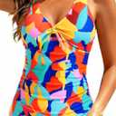 Women Halter Tankini Swim Top - Tummy Control Swimsuit Bathing Suit Top Front Tie Knot Swim Top Only 2025 Color Block (M)