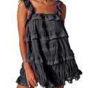 Gacaky Women's Summer Casual Sleeveless Rompers Ruffle Flowy Boho Sun Dress Loose Mini Dress with Built-in Shorts Black Small