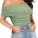 SAUNGKUAI Women's Sexy Off Shoulder Mesh Sleeveless Bodysuit Double Lined Leotard Thong Body Suits Going Out Tops (X-Large, Olivegreen)