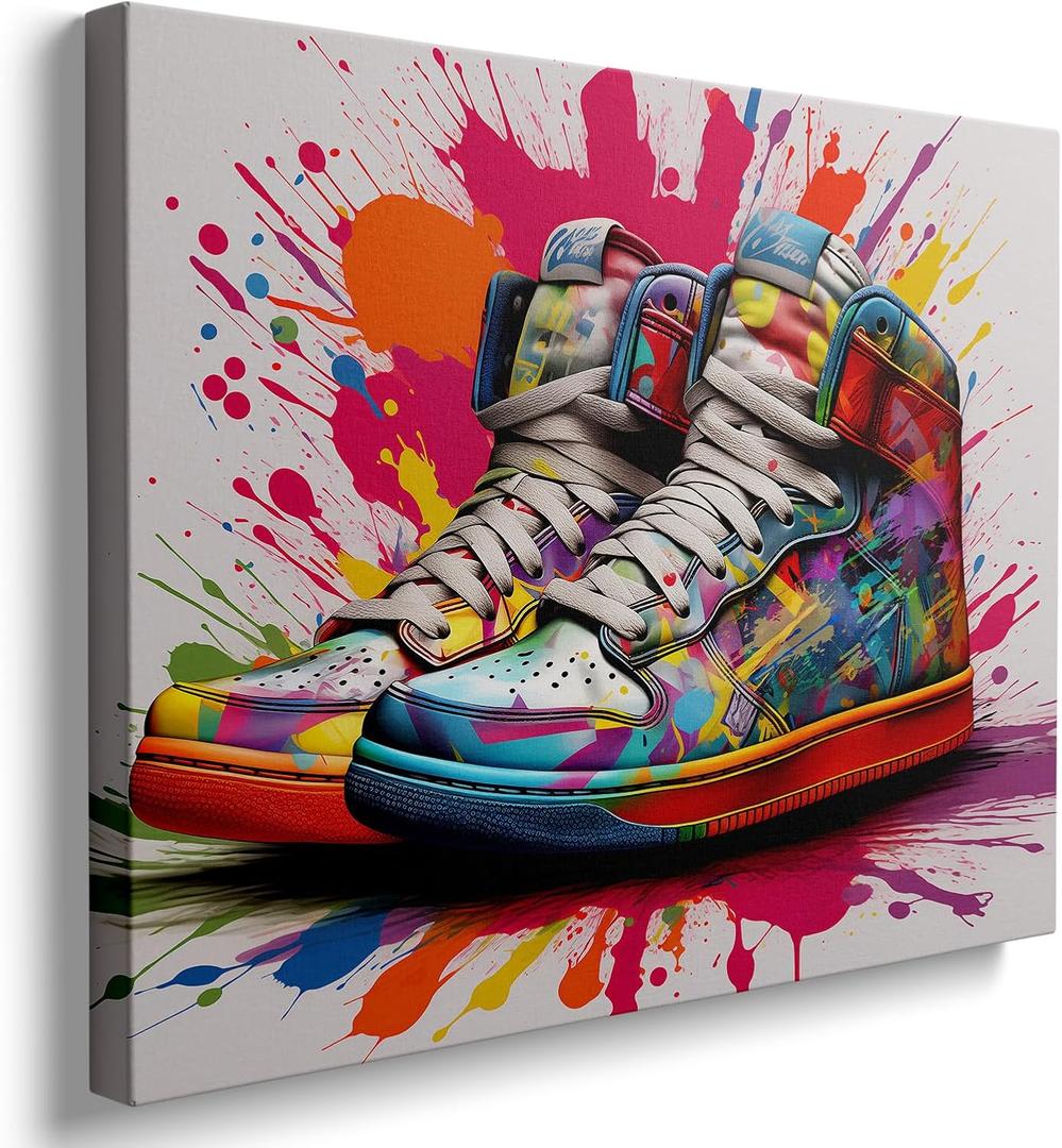 Framed Banksy Graffiti Sneaker Canvas Wall Art Colorful Shoes Decorations Pop Art Wall Decor For Kids Playroom Bedroom Living Room Artworks Ready To Hang (24L" x 16W")
