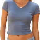 Women's Basic V Neck Short Sleeve T Shirts Summer Cute Baby Tee Slim Fit Cotton Tops (Blue, S)