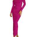 PRETTYGARDEN Womens 2026 Fall Long Sleeve Maxi Dress Off Shoulder Mesh Ruched Bodycon Trendy Long Wedding Guest Dresses (Rose Red,X-Large) (Pink, XL)