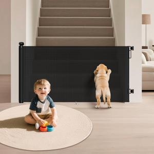 Retractable Baby Gates for Stairs, 55"Wide x 34"Tall Mesh Baby Gate with Anti-Crawling Hook, Adjustable Baseboard Bracket, Child Gate for Hallways, Doorways, Kitchen, Indoor & Outdoor, Black