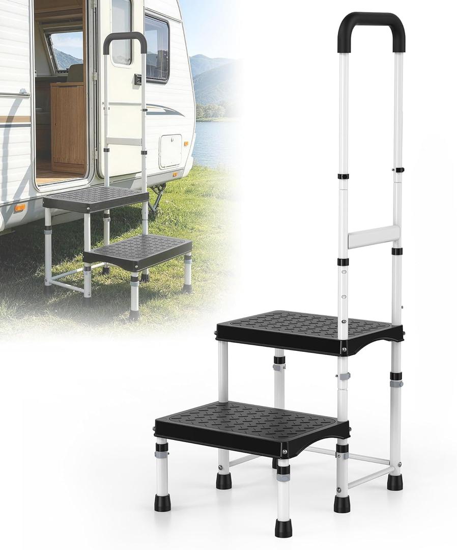 RV Step Stool with Handle for Elderly,2 Step Ladder with Handrail, Reinforced PP Wide Platform, Adjustable Height, Portable Stairs for Hot Tub/Camper/Mobile Home/Porch/SPA Pool/Pet Stairs