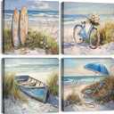 Coastal Beach Landscape Wall Art Nautical Themed Bathroom Decor Rustic Bike Boat Surfboard Wall Decor for Living Room Abstract Nature Coast Seascape Canvas Picture Beachy Home Decorations 12x12" 4Pcs 