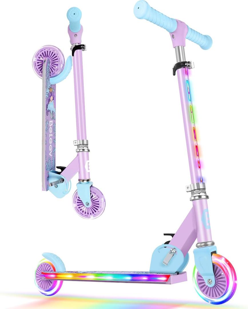 BELEEV V2 Scooters for Kids with Light-Up Wheels & Stem & Deck, 2 Wheel Folding Scooter for Girls Boys, 3 Adjustable Height, Non-Slip Pattern Deck, Lightweight Kick Scooter for Children Ages 3-12
