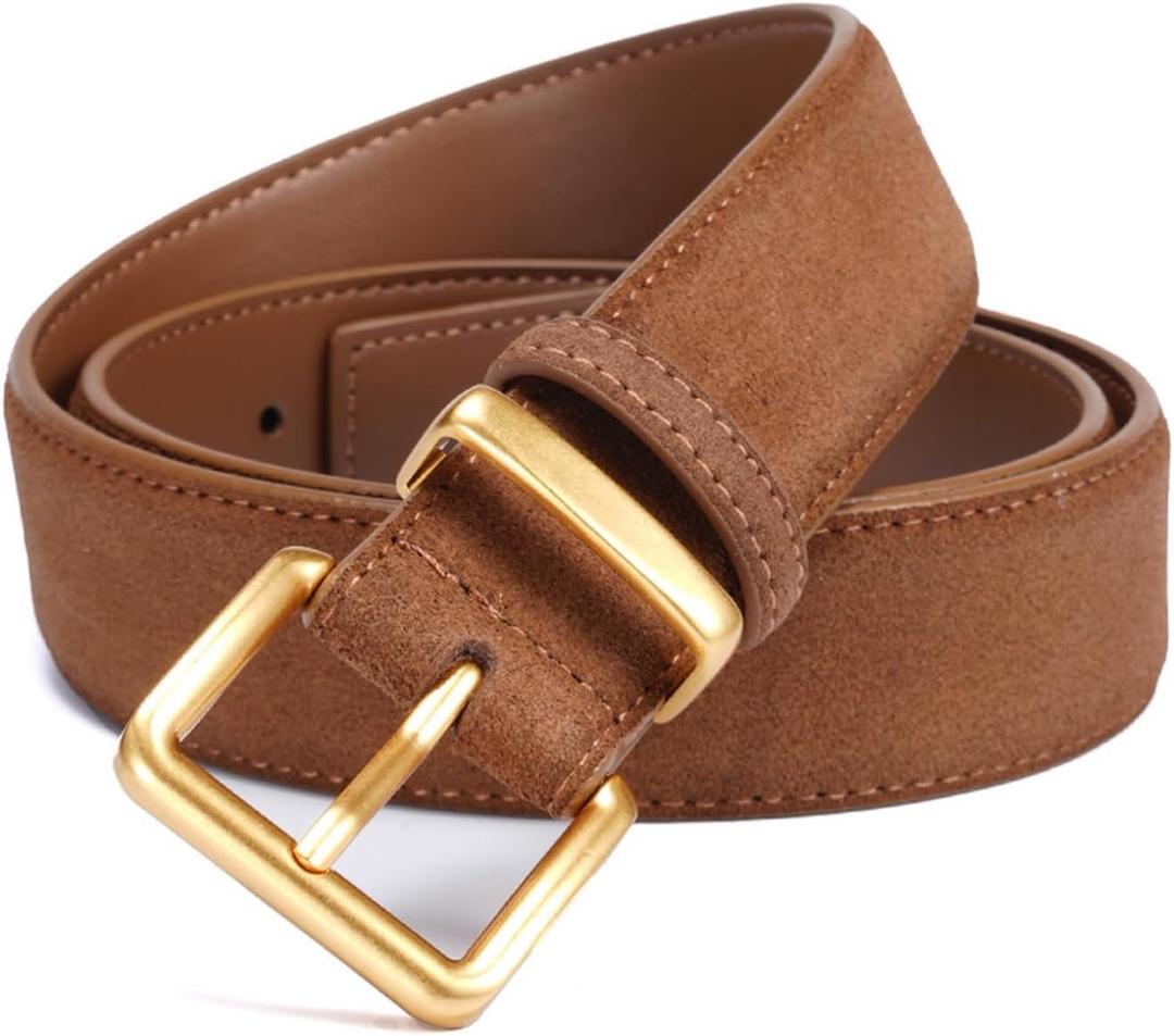 Wide Suede Belt Women Genuine Leather Ladies Waist Belt for Jeans Dress Casual Square Gold Buckle (Fits waist size: 26"-35", 1.1"(28mm) Wide Tan)