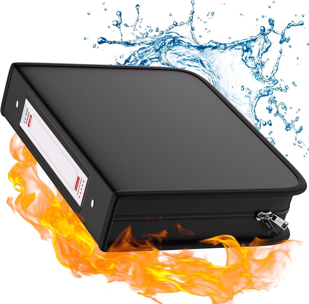 Fireproof 3 Ring Binder with Zipper, 2 Inch D Rings Hold up 450 Sheets of 8.5" x 11" (A4), Compatible with Clear Page Protectors, Built-in net and Pen Holder (1 Pcs, Black, 2")