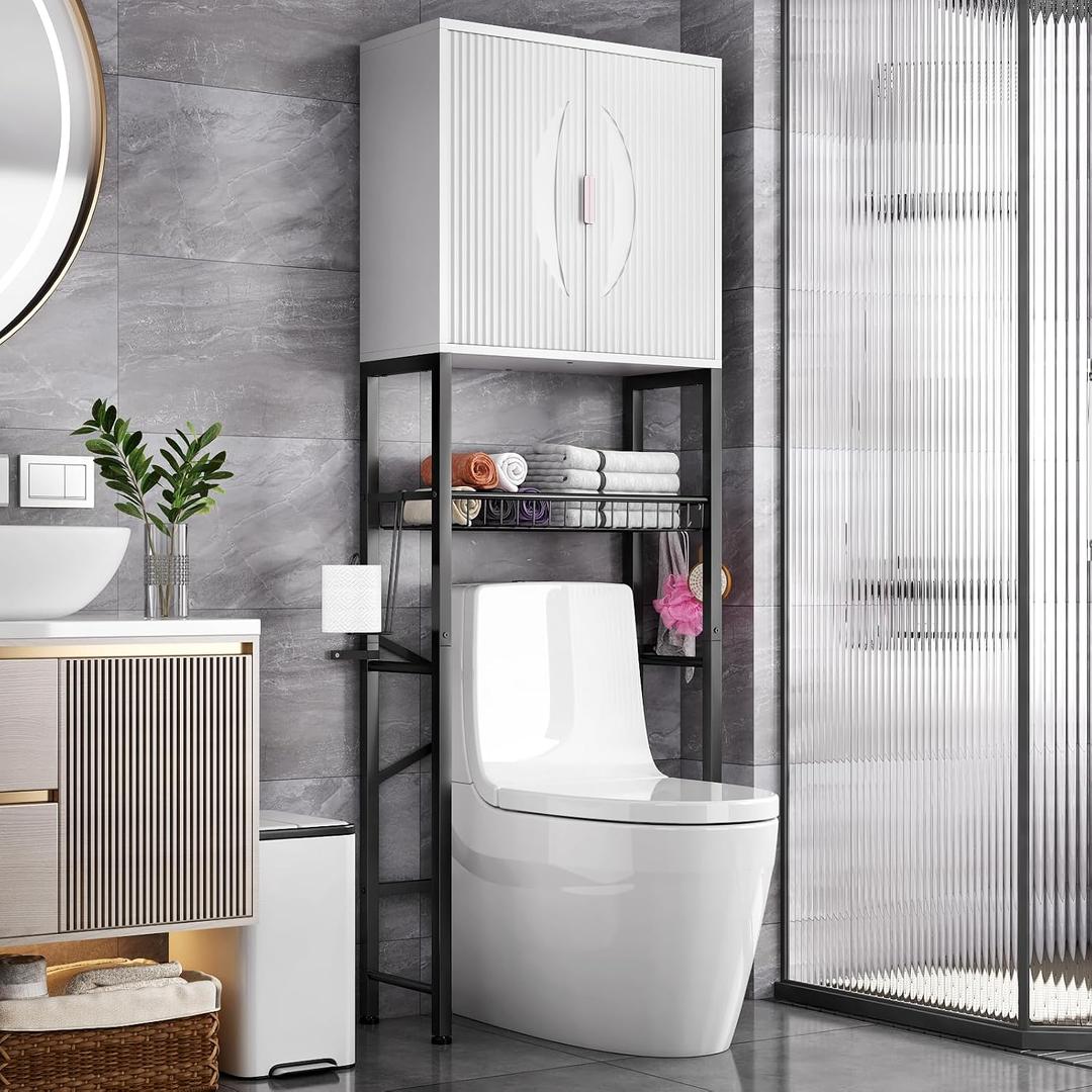 Kalrin Over The Toilet Storage Cabinet with Fluted Wave Doors and Adjustable Shelf, Wood Over Toilet Storage Rack with Drain Basket, Freestanding Bathroom Organizer for Balcony Laundry, White & Black