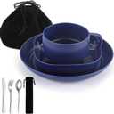Camping Utensils Set, ReaNea Camping Plates and Bowls Set with Coffee Mug, Travel Cutlery Set Include Spoon, Fork, Knife for Home, Poolside, Outdoor, Picnic, Camp (Dark Blue)