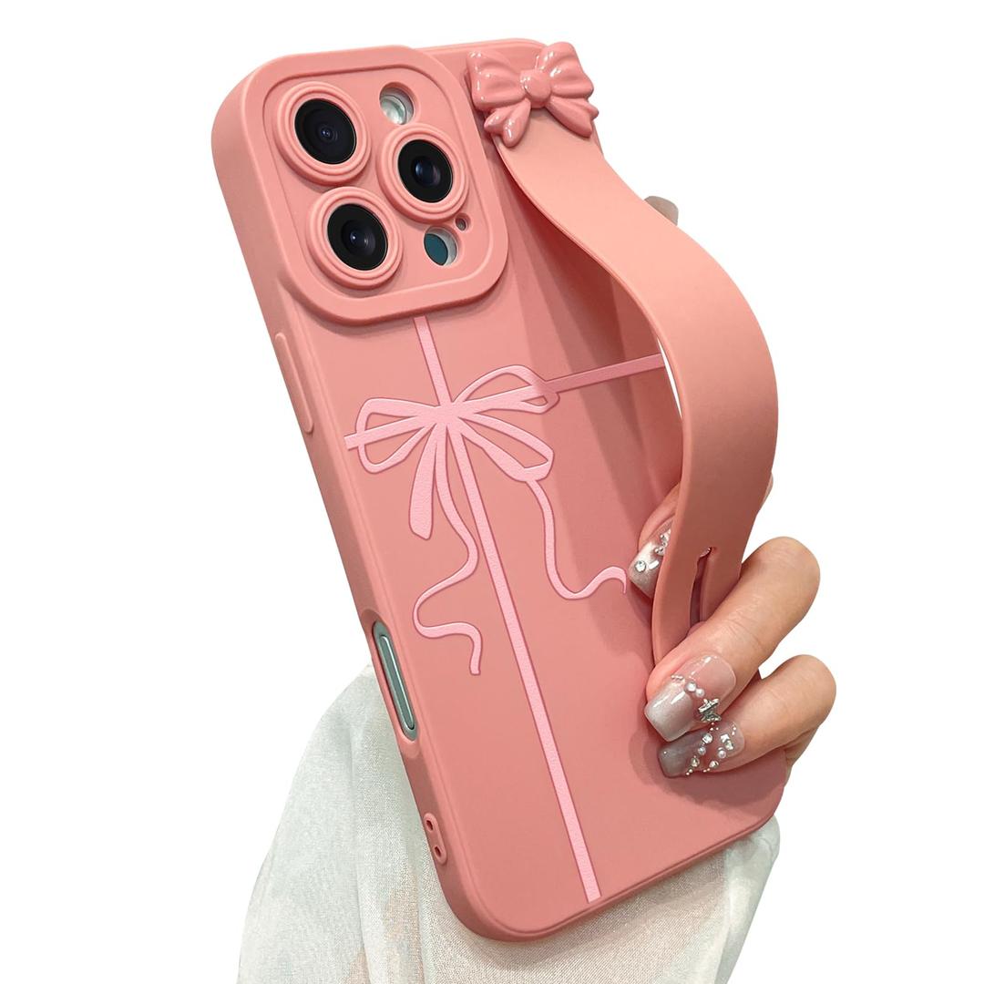 jueaes Cute Bow Case for iPhone 16 Pro with Finger Hand Wrist Strap