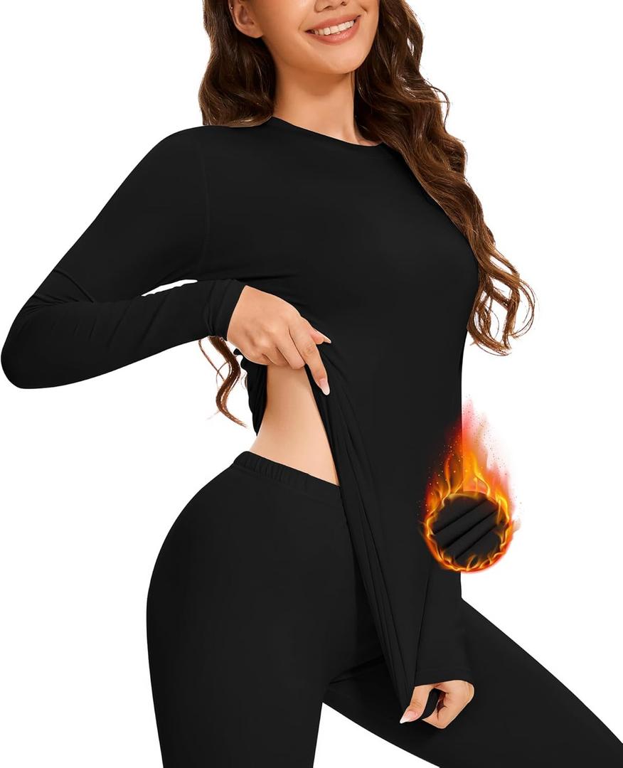 BESTENA Long Sleeve Undershirt for Women, Soft Thermal Shirts with Warm Fleece Lining, Base Layer Thermal Tops (Medium, A 1x-crew Neck Black)