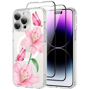 OOK Magnetic Case for iPhone 14 Pro Case Cute Flower Butterfly Design with 2 PCS Screen Protector [Compatible with MagSafe] for Girls Women Floral Clear Slim Phone Cover-Pink Lily Flower